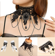 Gothic Lace Choker Chain &amp; Slave Finger Ring Bracelet - £12.24 GBP+