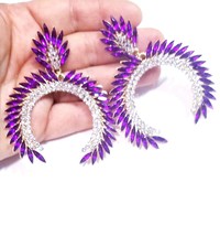 Purple CLIP on Earrings, Bridesmaid Rhinestone Earrings, 3.2 Inch Pageant Jewelr - £34.70 GBP