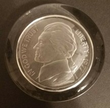 Thomas Jefferson Liberty Nickel Image Clear Glass Frosted Paperweight 1977 - £10.88 GBP