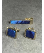 Vintage Cufflinks And Tie Clip Gold Colored With Blue Enamel - $44.27 CAD
