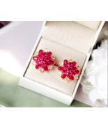 2.60Ct Oval Cut Lab Created Red Ruby Flower Stud Earrings 14k Yellow Gol... - £90.96 GBP