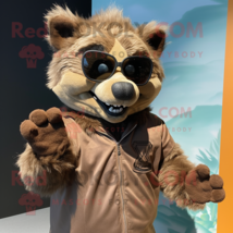 Brown Hyena mascot costume character dressed with a Long Sleeve Tee and Sunglass - £1,054.83 GBP