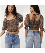 Free People Boho Smock Back On Top Multicolor Floral Puff Sleeve Crop To... - $336.75 MXN
