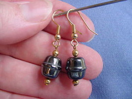 (EE-309) short barrel Black hematite bead gold wire dangle pair of EARRINGS - £7.62 GBP
