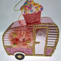 Pink Cupcake Camper Wreath Christmas Ornament Hanging Gold Glitter Sprinkles - £9.57 GBP