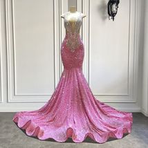 Spaghetti Strap Beaded Prom Dresses for Women Pink Sparkly Formal Occasion Dress - £210.81 GBP