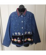 Tantrums Denim Shirt Women&#39;s L Embroidered Holiday Shacket Snowman Butto... - $515.62 MXN