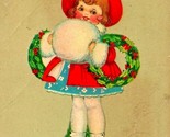Merry Xmas Child Large Muff Red Hat Wreaths on Arms Christmas 1924 Postcard - $6.88
