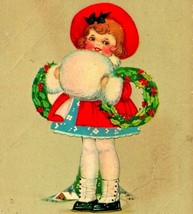 Merry Xmas Child Large Muff Red Hat Wreaths on Arms Christmas 1924 Postcard - £5.47 GBP