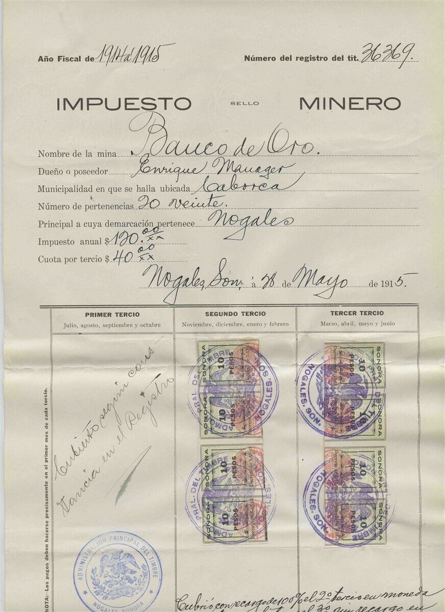 Primary image for 1914-15 Mexico Mining Tax Document Banco de Oro Gold Mine Sonora Revenue Stamps