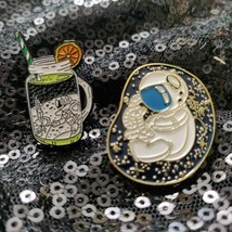 Cute Astronaut In Space Galaxy Shiny Stars Moon Hat Lapel Pin Set (2 pins)  - $21.23
