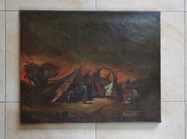 Antique Signed Rich Oil Painting, Gypsy Tent Encampment, 40 x 50 cm - £470.40 GBP