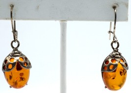 Vintage Amber Earrings in Sterling Silver Setting that Resembles a Bug - £22.30 GBP