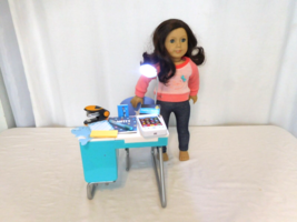 American Girl 18&quot; Doll Brown Hair Green Eyes 2008 Tag  +  Desk Blue Retired +  - £58.00 GBP