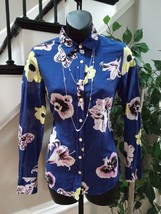 J.CREW Women&#39;s Blue Floral Silk Collared Long Sleeve Button Down Shirt Size XS - £25.10 GBP