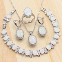 Classic Women Sliver Color Jewelry Sets White Opal Necklace Pendant  Earrings We - £52.03 GBP