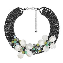 Tropical Dreams Glowing Mother of Pearl and Black Crystal Beads Floral Necklace - £56.20 GBP