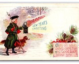 New Years Greeting Man w Dog and Lantern Embossed DB Postcard A16 - $4.90