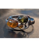 Natural Honey and Green Amber Solid Sterling Silver 925 Bangle Bracelet - $194.36 CAD