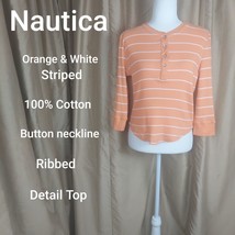 Nautica Orange/ White Striped Ribbed Button Neckline  Top Size L - £9.14 GBP