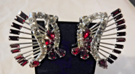 Vintage Art Deco Clear Pave &amp; Red Rhinestone Clip On Earrings Silver Ton... - £94.32 GBP