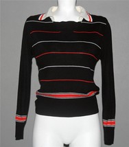 Vtg DIRECTIONS Striped Collared Red Black Off-White Lightweight Sweater Wm&#39;s M - £23.72 GBP