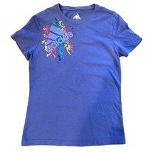 Adidas T-Shirt Womens Small Blue Cap Sleeve Fitted Digital Rainbow Metallic Logo - £5.36 GBP