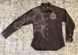 Artful Dodger Y2K Embroidered Button Shirt Mens XL Brown Streetwear Urba... - £31.15 GBP