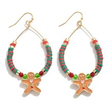 Green Red Heishi Beaded Teardrop Earrings With Gingerbread Man Charm - £11.69 GBP