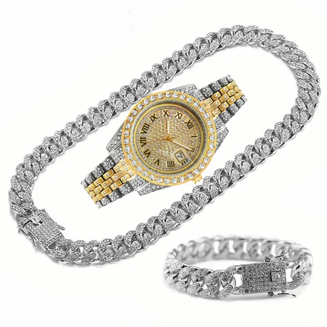 Full Iced Out Watches Mens Cuban Link Chain Bracelet Necklace Choker Bli... - £39.81 GBP