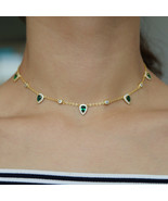 14k Yellow Gold Emerald &amp; Diamond Charm Choker Necklace 16&quot;Chain Collar ... - €110,71 EUR