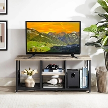 Industrial Modern Black Metal Grey Wood TV Stand with Media Storage Shelf - £166.06 GBP