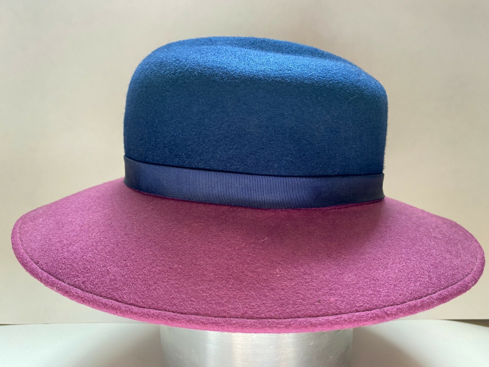 Vtg British Made Navy Blue Magenta Purple Two Toned 100% Wool Panama Hat... - $79.19