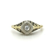 14k Yellow Gold Art Deco Genuine Natural Diamond Filigree Ring (#J5444) - £360.00 GBP