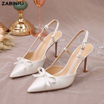 Women Pumps White Wedding Shoes Bride Luxury Satin Butterfly-knot Pointed Toe Ad - £43.88 GBP