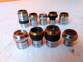 Lot of 9 Assorted Red 4X Microscope Objectives AS-IS for Parts - £79.40 GBP