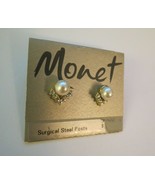 Monet Pierced Earrings Faux Pearl Rhinestones Designer New Old Stock on ... - $9.89