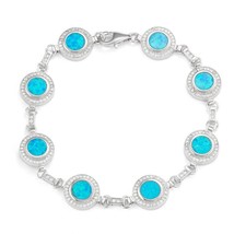 Sterling Silver Round Blue Inlay Opal with Micro Pave CZ Border Bracelet - £135.25 GBP