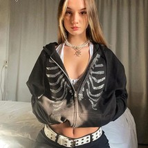Y2K Rhinestone Skeleton Hoodies Women Autumn Black Zip Up Oversized Sweatshirts  - £71.83 GBP