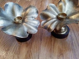 Brass Flower Shaped Candle Sticks Holder with Wooden Base - £63.22 GBP