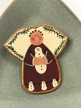 Handmade Large Painted Thin Wood Angel Holding Snowman Christmas Holiday Pin Bro - £9.08 GBP