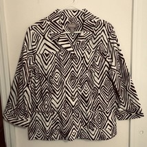 Chicos Jacket Size 2 L Brown White Abstract 3/4 Sleeve Button Up Cotton ... - £16.67 GBP