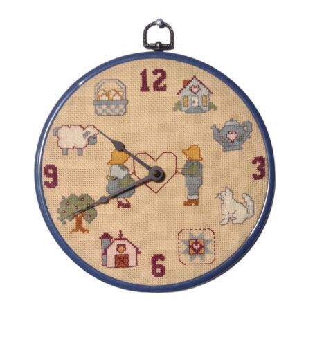 Primary image for Stitch N Time Completed Cross Stich Country Clock Vintage Farmhouse Blue Works