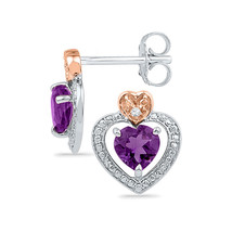 Sterling Silver Womens Round Lab-Created Amethyst Diamond Heart Frame Earrings - £64.34 GBP