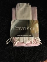 Calvin Klein 2 PC Woven Border Scarf Knit Touch Glove pink white  O/S ONE SIZE - £27.97 GBP