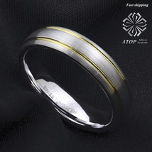 6mm Dome Silver brushed Tungsten ring Gold Stripes wedding band mens jew... - £21.09 GBP