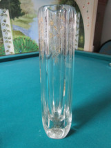 Victorian Gold Etched Flowers Crystal Long Vase 11 1/2&quot; Square Body Gorgeous - £97.88 GBP