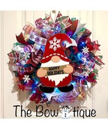 Christmas Snowflake Gnome Holiday Ribbon Door Wreath Handmade 22 ins LED W7 - £66.84 GBP