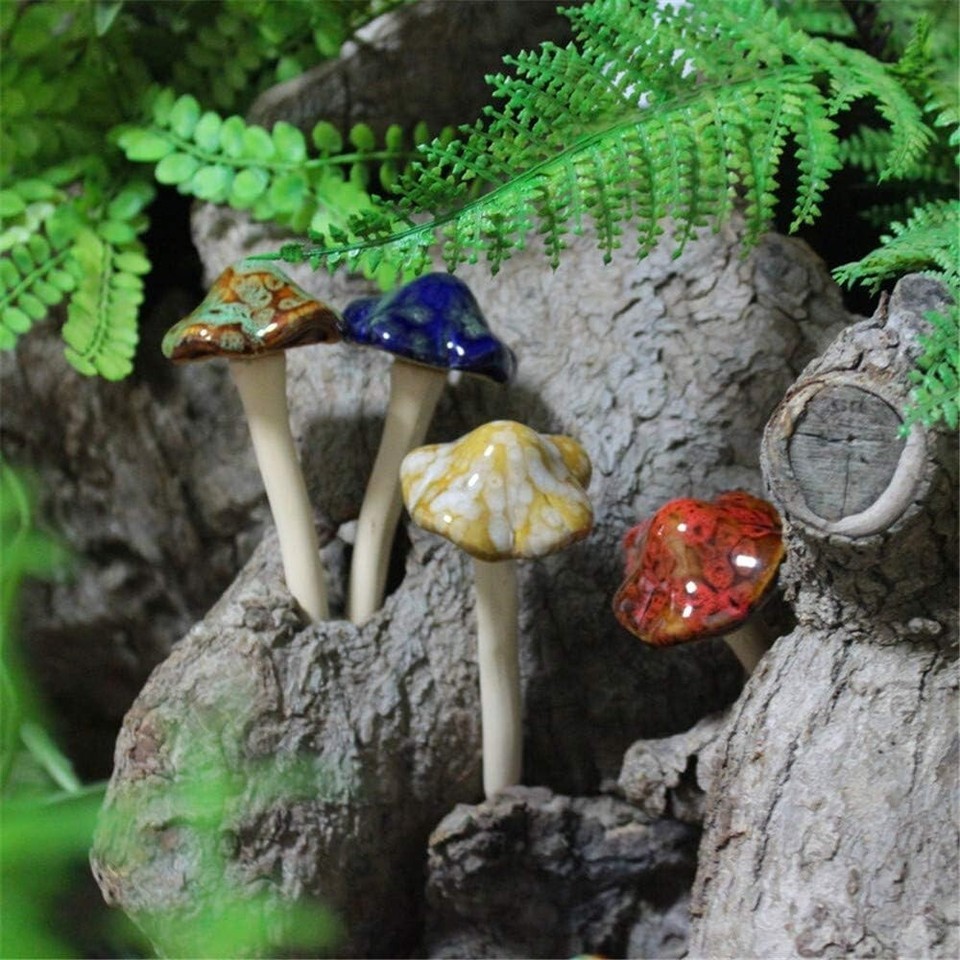 Danmu Garden Decor, 4pcs (Random Color) Ceramic Mushroom for Garden 4.52" in Item image 7