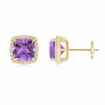 Natural Amethyst Cushion Earrings with Diamond Halo in 14K Gold (Grade-AA , 7MM) - £603.59 GBP